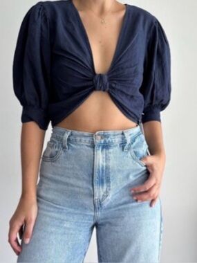 YFB Young Fabulous Broke Linen Cropped Knot Front Miranda Top Navy, Sz S